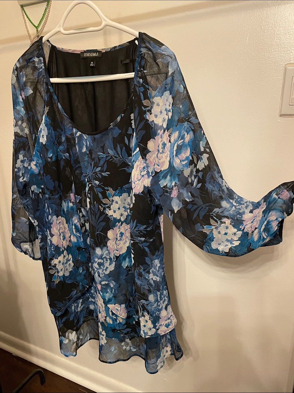 Roz & Ali Black and Blue Floral Sheer Tunic Top
